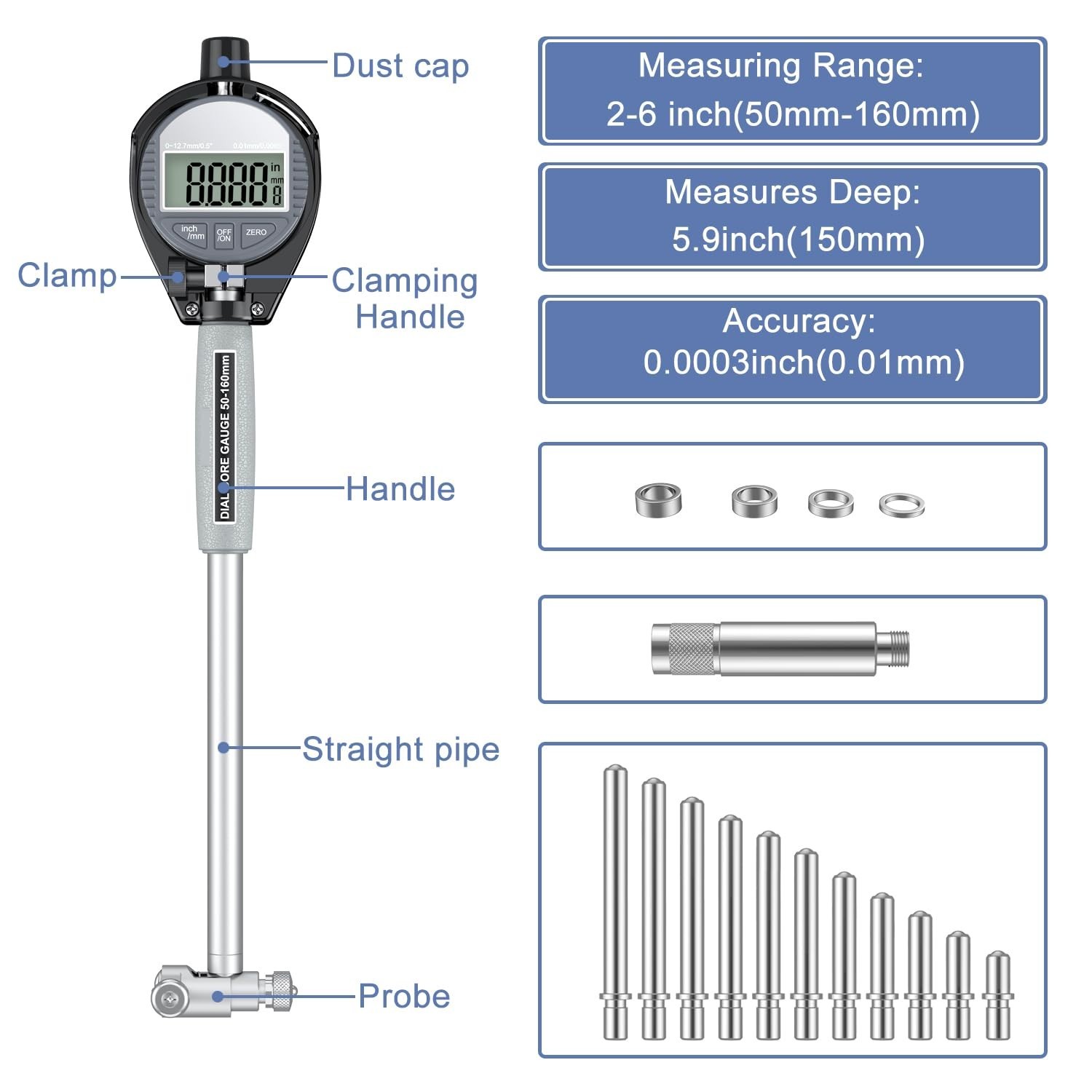 Digital Bore Gauges Set, Cylinder Bore Gauge with LCD Digital Dial Indicator, 2"
