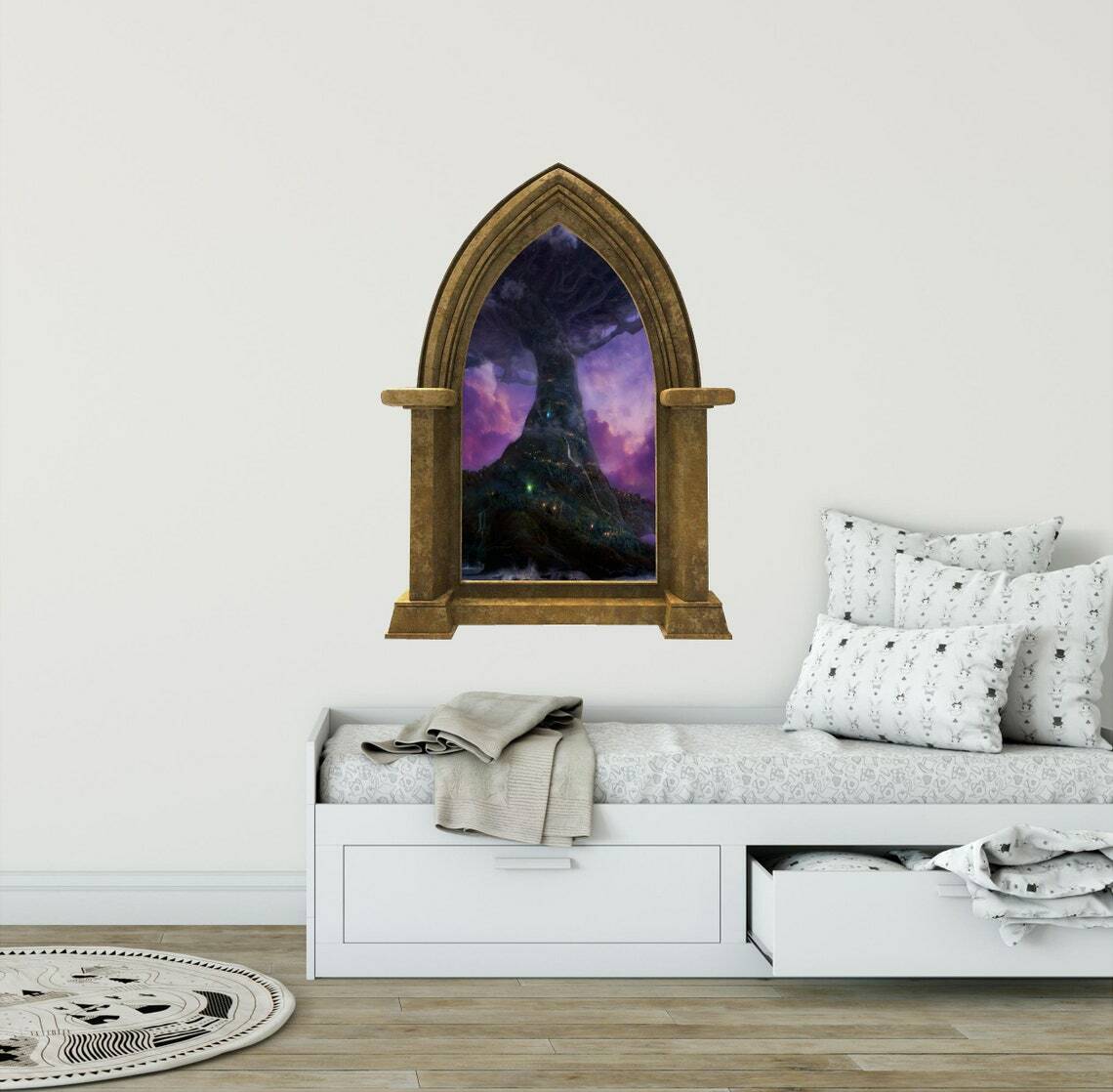 CastleScape Elf Tree Village 2 Wall Decal Stone Castle Window Vinyl Wall Sticker