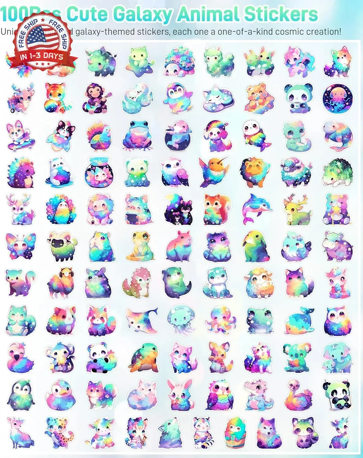 100 Pcs Cute Rainbow Animal Stickers Pack for Kids Girls Teens, Kawaii Waterproo
