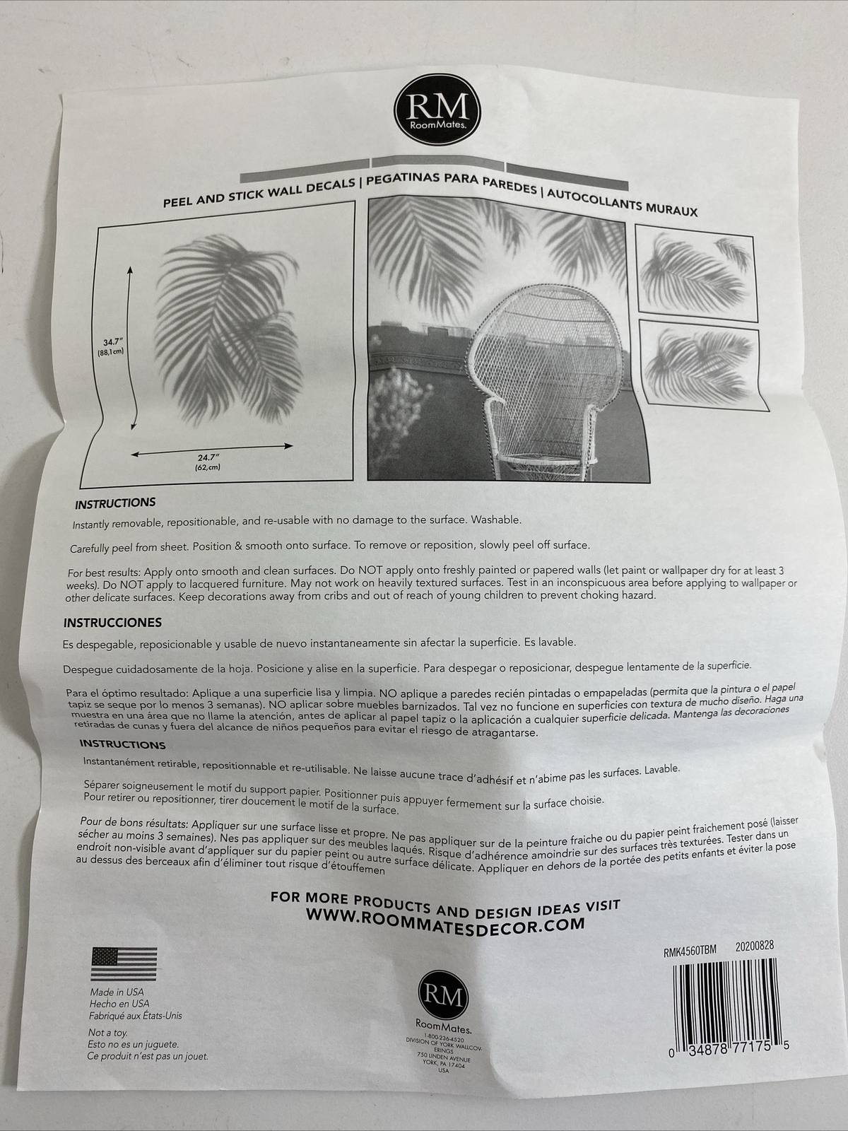RoomMates RMK4560TBM Palm Shadow XL Giant Peel and Stick Wall Decals