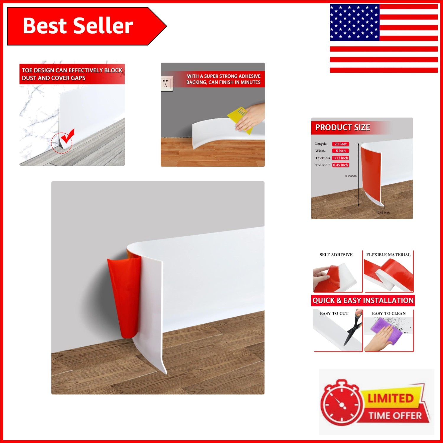 Flexible Peel and Stick Vinyl Baseboard, 6in x 20ft – White Decorative Molding