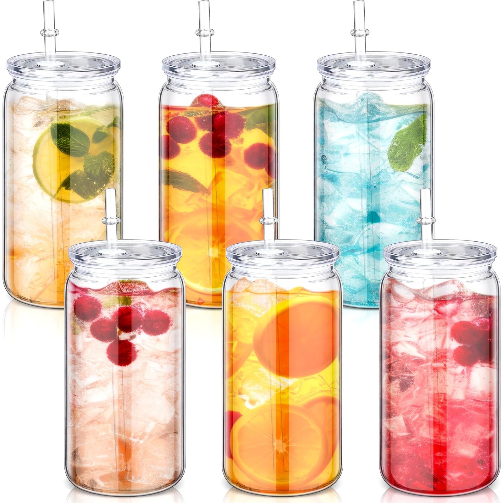 6 Pack Acrylic Mason Jars with Lids and Straws 16 oz Drinking Plastic Tumbler…