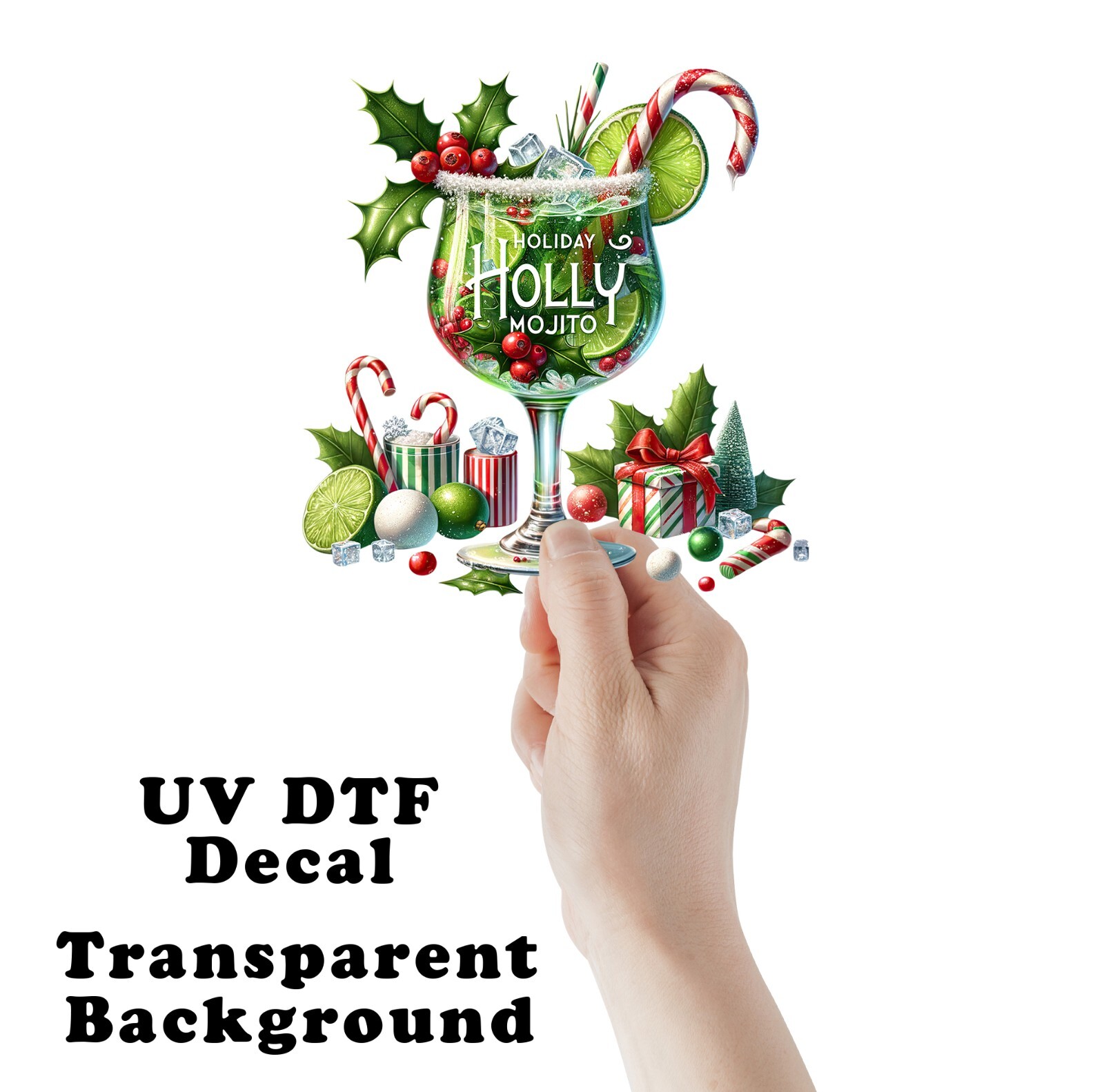 Christmas Holiday Holly Mojito UV DTF Transparent Sticker / Decal
