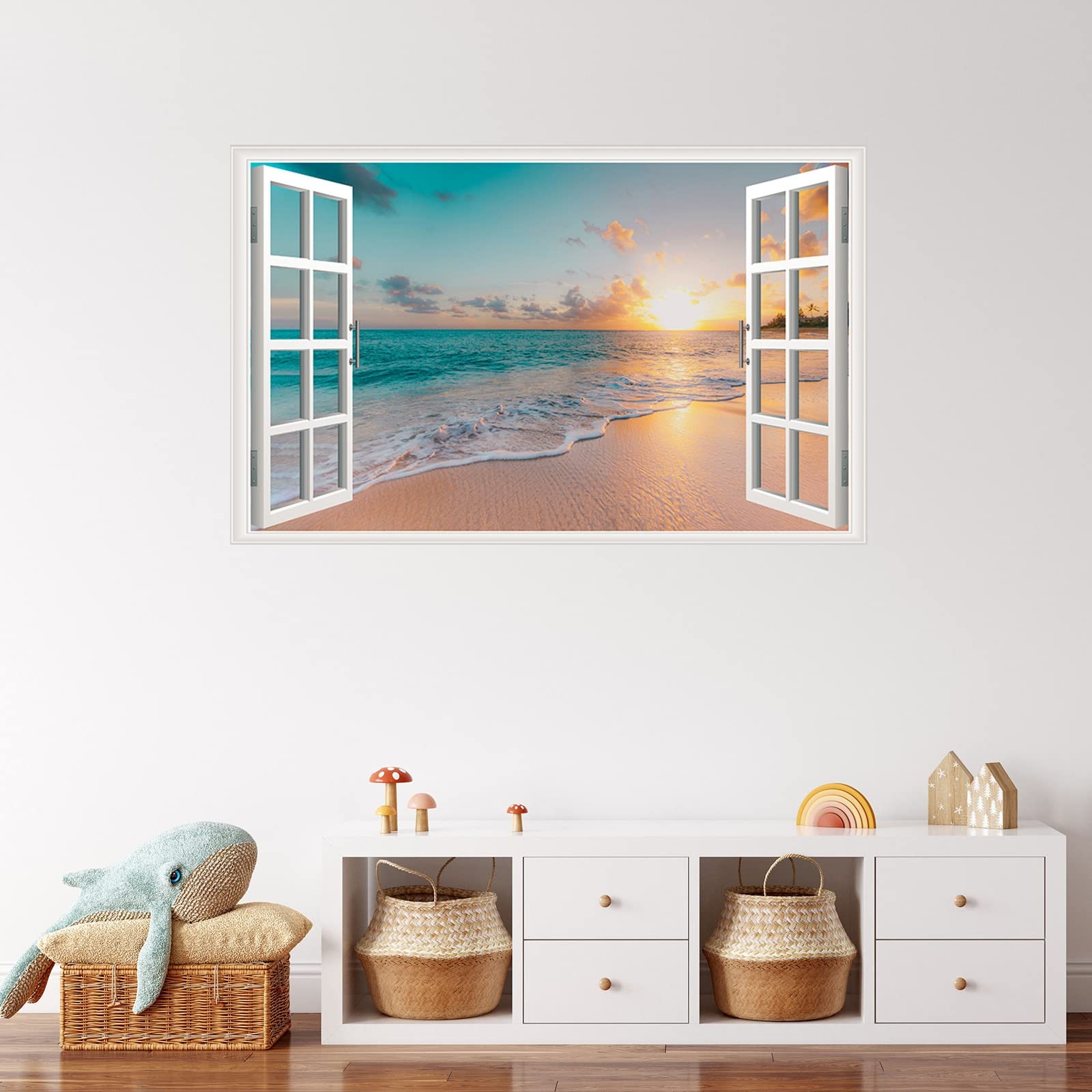 Sea Beach Wall Sticker Sunset Seascape Fake Window Wall Stickers Tropical Sandy