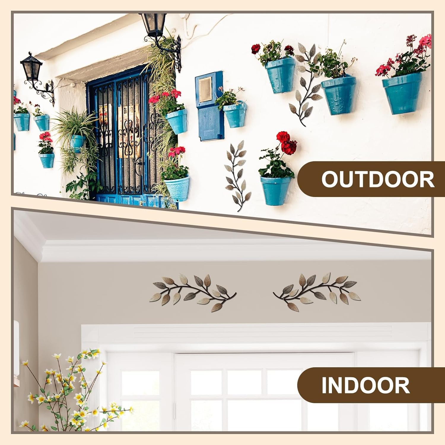 Modern Symmetrical Leaf Wall Art in Vintage Brown – Indoor and Outdoor Perfect