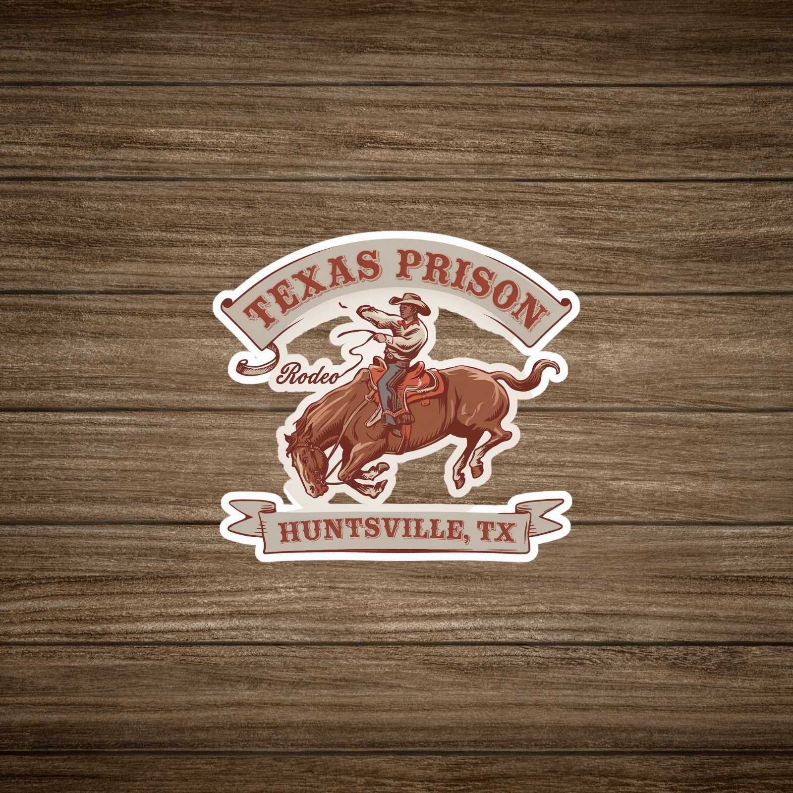 Texas Prison Rodeo Huntsville TX Vintage Style Sticker – Cowboy on Bucking Bull