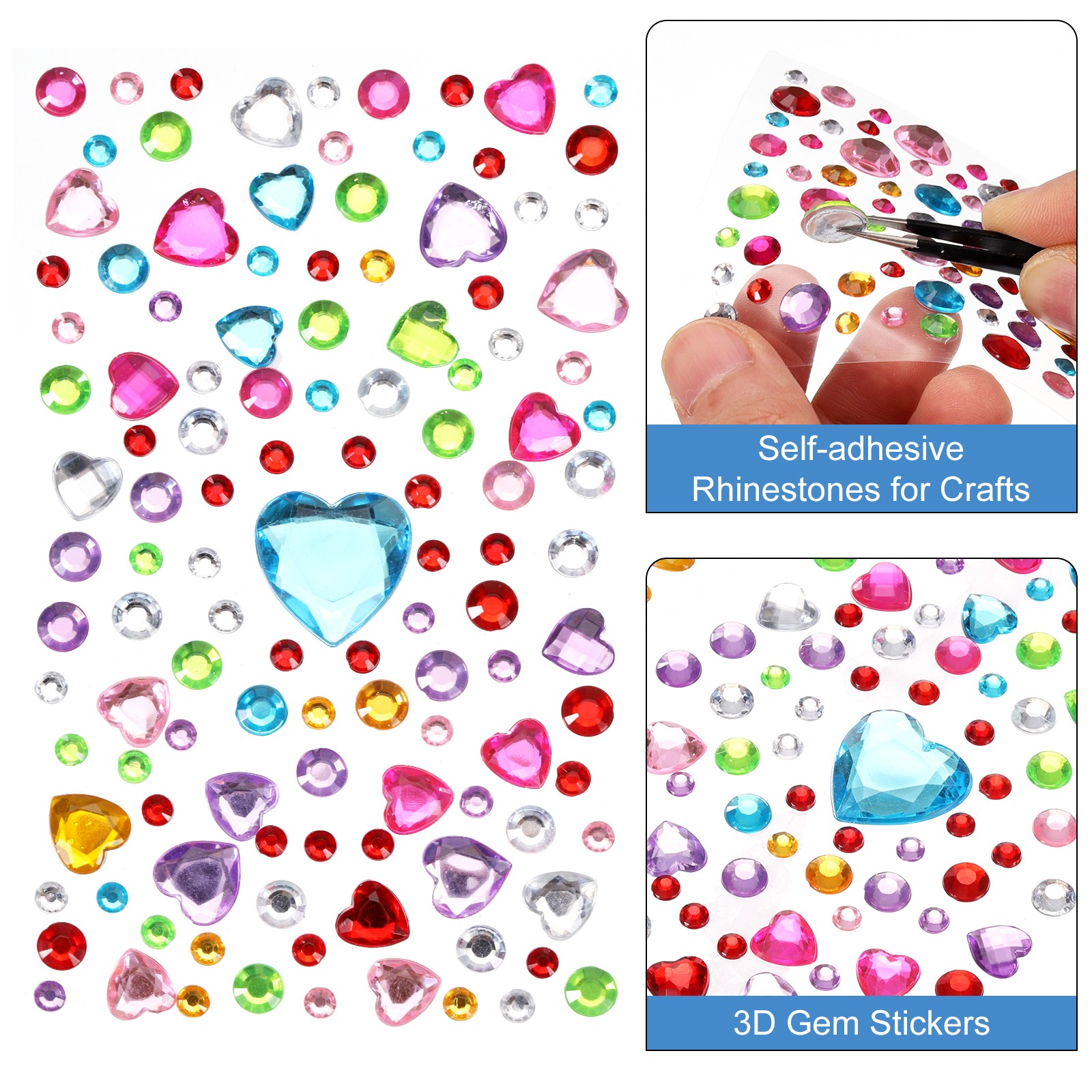 119Pcs Gems Stickers, 5 Sheet Circular and Heart Rhinestone Stickers, Multicolor