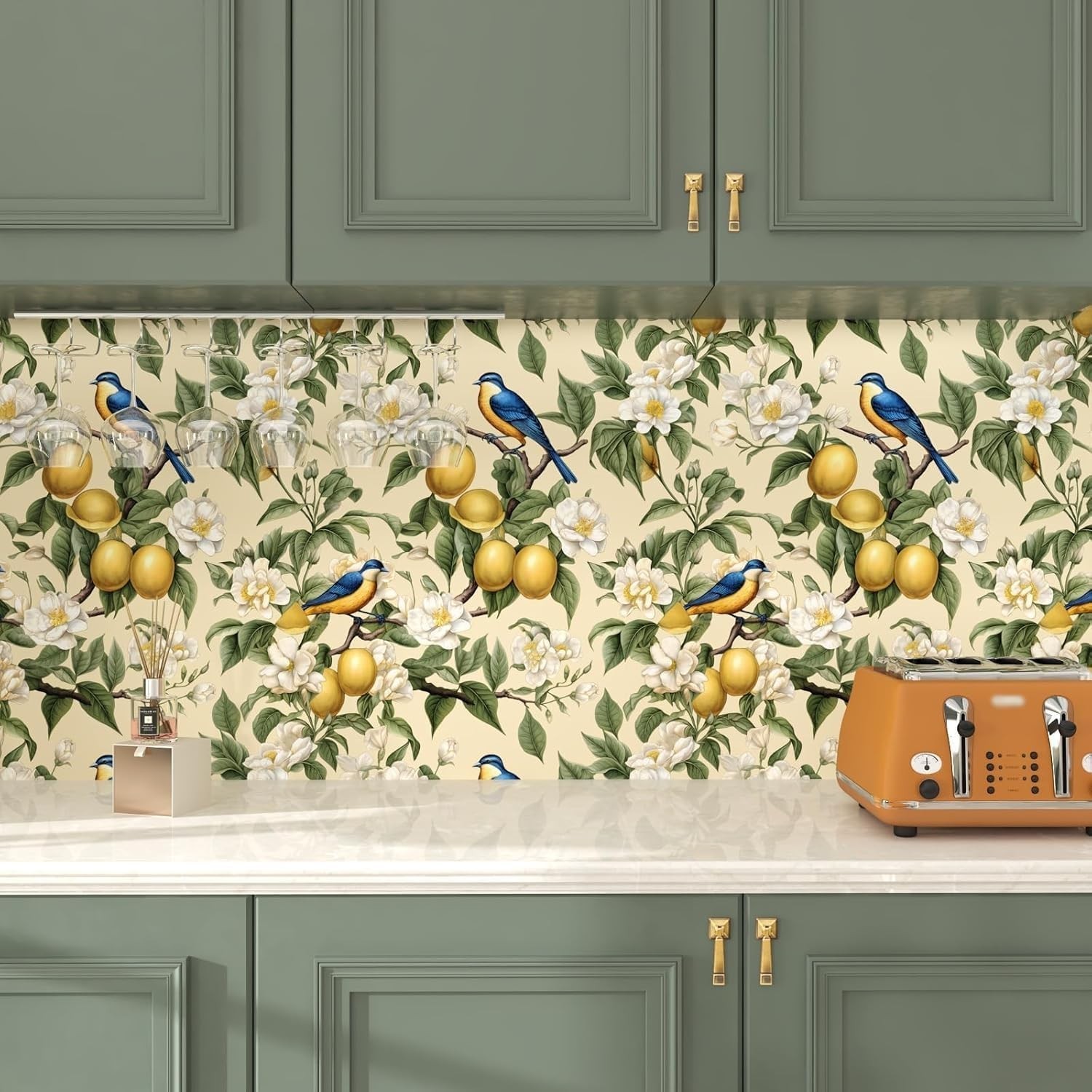 Fvlow Birds on Lemons Tree Wallpaper Vintage Yellow Floral Peel and Stick Kit…