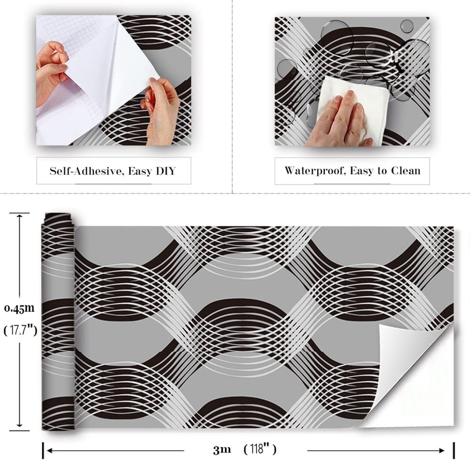 J1376 Geometric Waves Curve Peel and Stick Wallpaper 17.7" x 9.8ft Black/Gray…