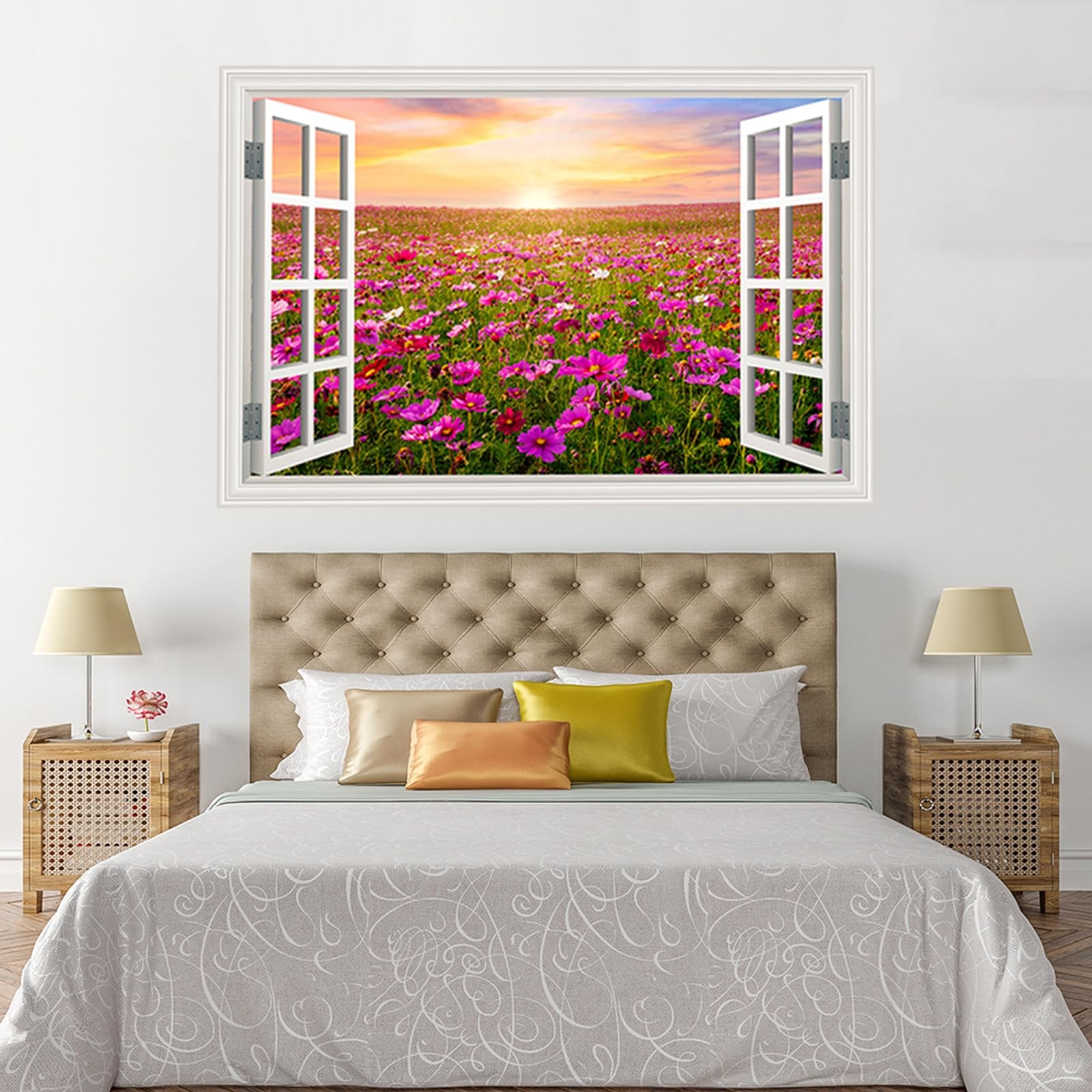 Fake Window Wall Sticker Sunset Pink Flower Garden Poster Picture Open Office…