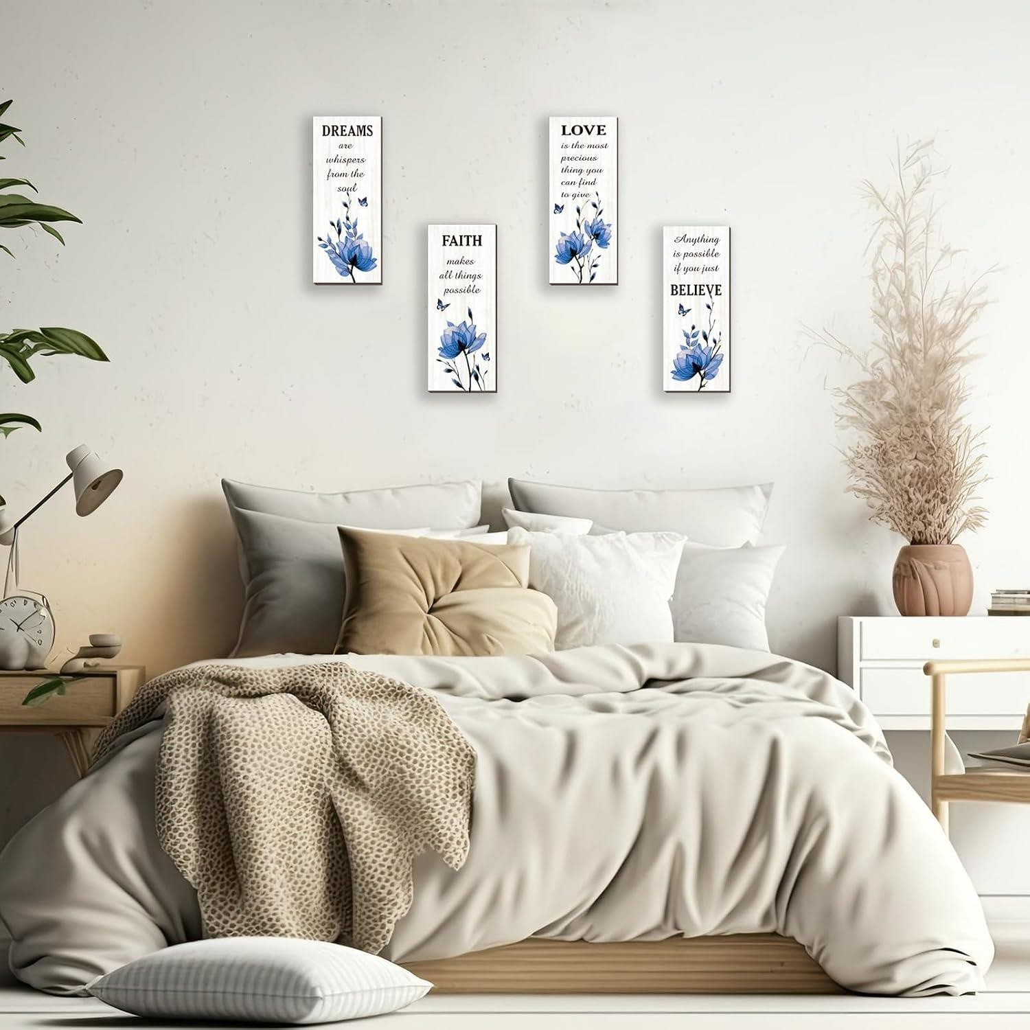 4 Pcs Blue Bathroom Decor Blue Wall Decor With Flower Dreams Faith Love Believe