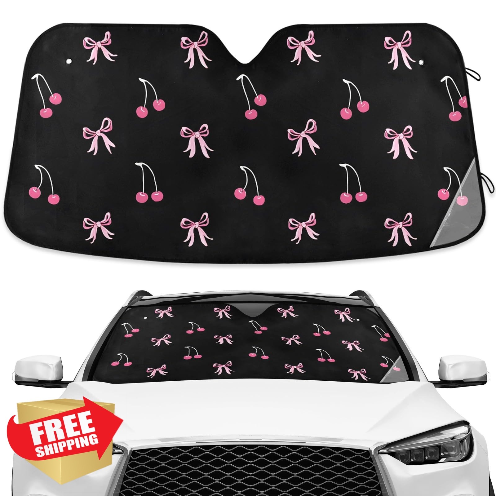 ALAZA Windshield Sunshade Black Pink Bow Cherry