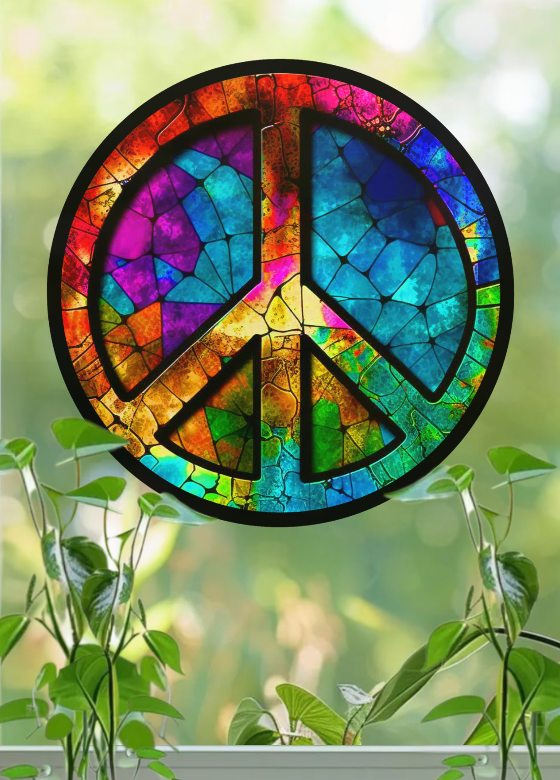 Peace Sign Faux Stained-Glass WINDOW CLING Sun-catcher Size 8" Round Vinyl