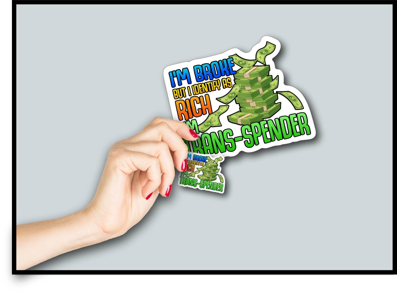 Broke Identify as Rich Trans Spender Decal Sticker Funny Shopping Spend Money