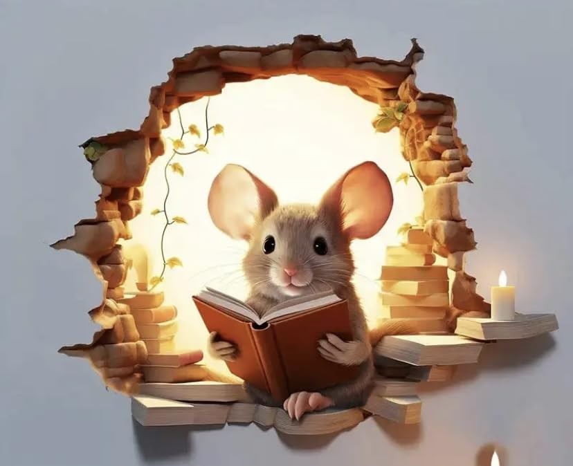 Mouse Reading Hole in Wall Decal, Wall Sticker, 3 Inches Tall