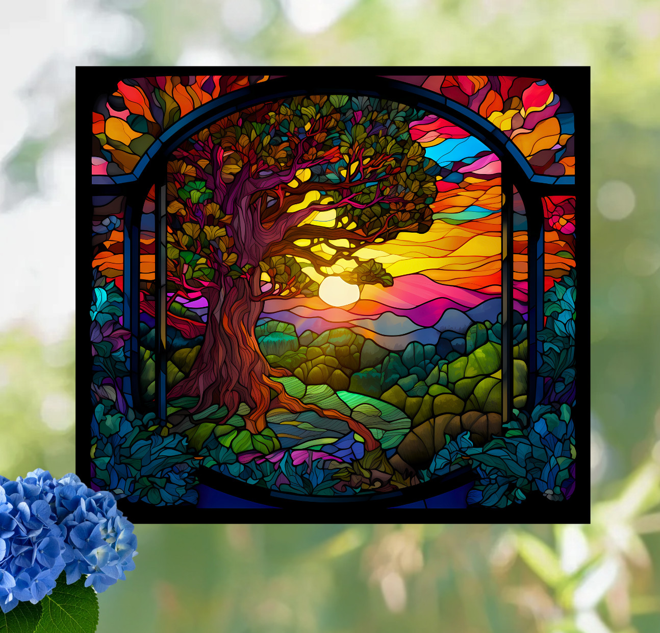 Tree at Sunset Faux Stained-Glass WINDOW CLING Size 9" Repositionable Vinyl