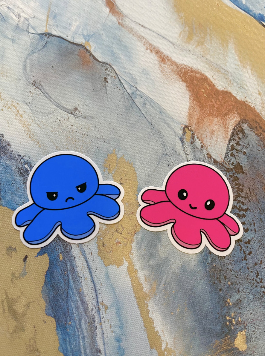 Happy and Mad Octopus Sticker I Gloss or Holographic Laminate l Waterproof Decal