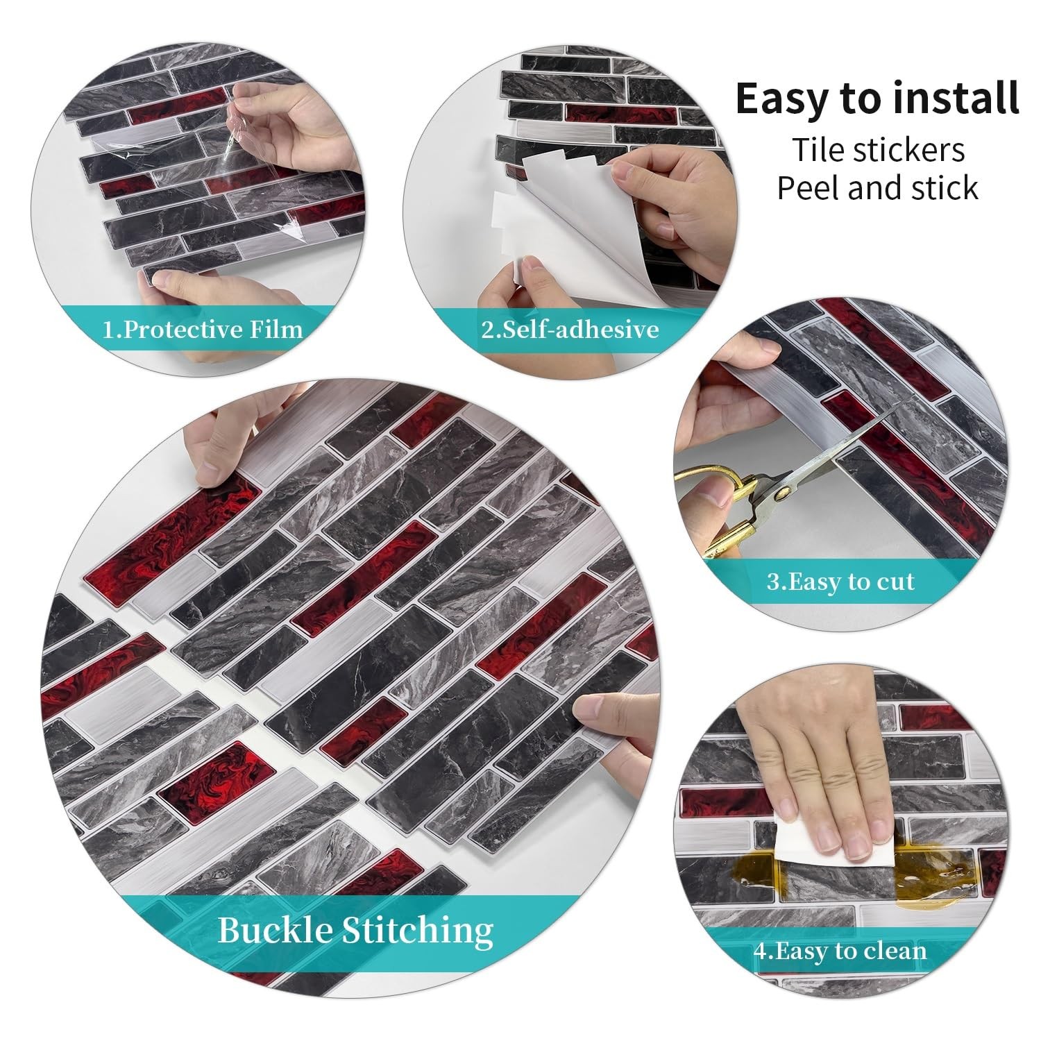 Peel and Stick Tile Backsplash, 12 x 12 inch, Grey & Red Marble
