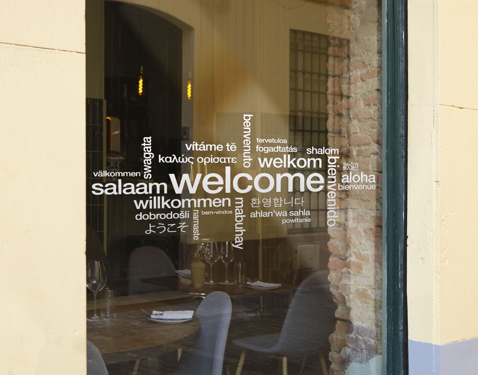 Welcome Language Sign Wall Decal, Personalized Office Motivational Quote se143
