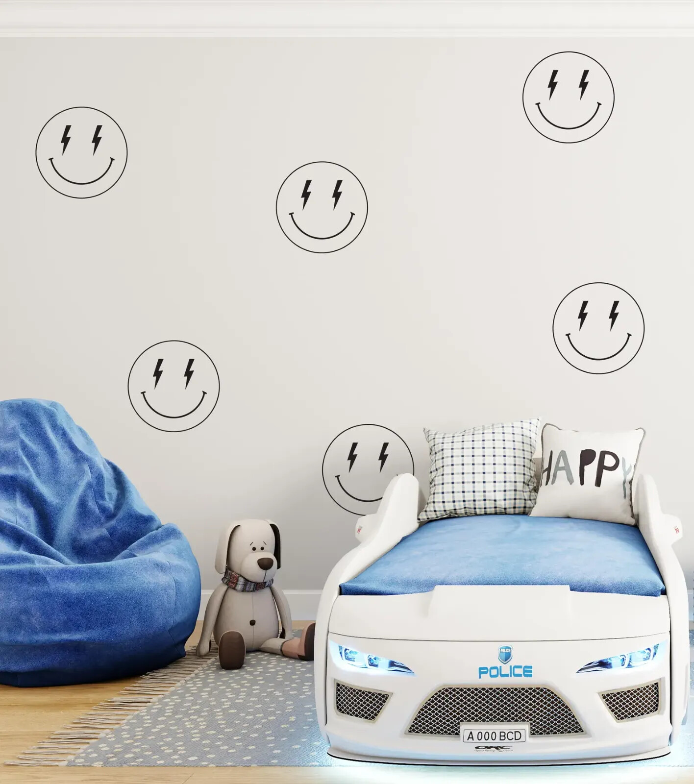 Set of 6 Smiley Face Wall Decals with Lightning Bolt Eyes 10×10 or 22×22 n087