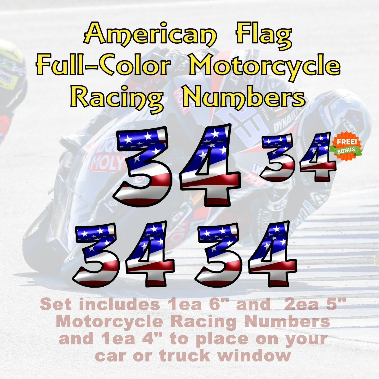 American Flag Car – Motorcycle Racing Number Stickers Package Set of 4