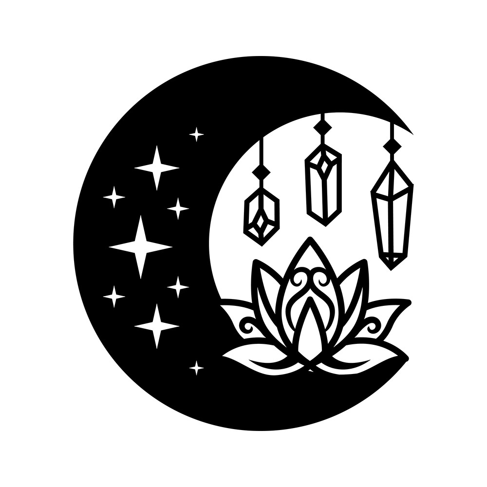 6" Crescent Moon w/ Lotus Flower & Crystals Boho Esoteric Vinyl Decal Sticker