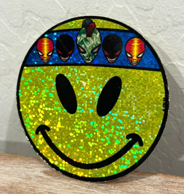 Vintage! Smiley Face with Alien Head Headband! ~Sticker ~Yellow Prism Glitter 3"