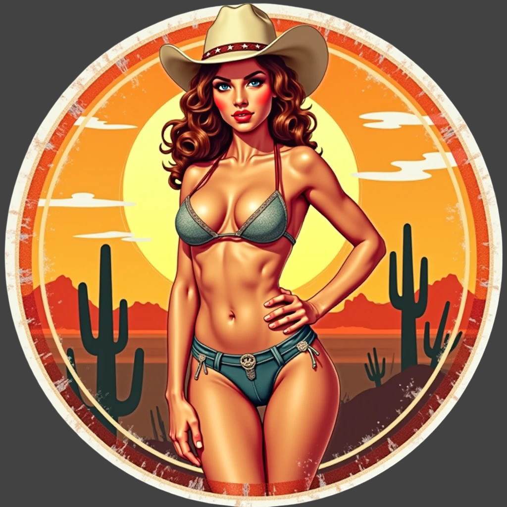 Desert Cowgirl Bikini Pinup Sticker Vinyl Decal Western Sunset Retro Art