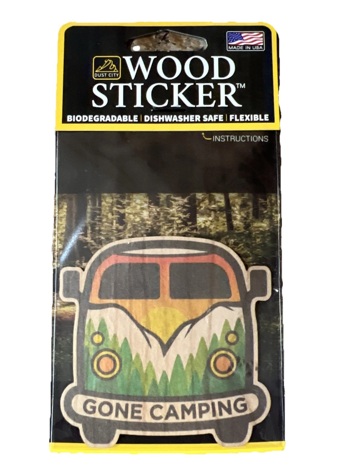 Gone Camping Hippie Bus WOOD Sticker Dishwasher SAFE Biodegradable Dust City NEW