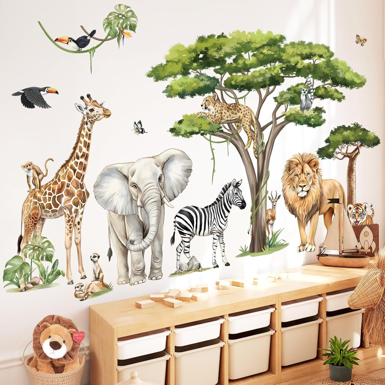 Large Safari Animals Tree Wall Stickers Jungle Animals Giraffe Elephant Lion Leo