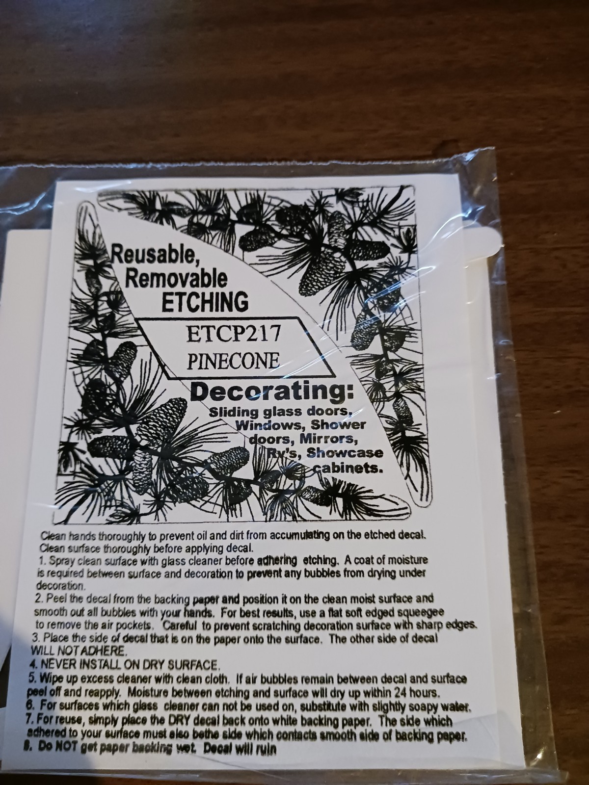 PINECONE Etched Look Cling 5"X5" Corners Removable & Reusable 217