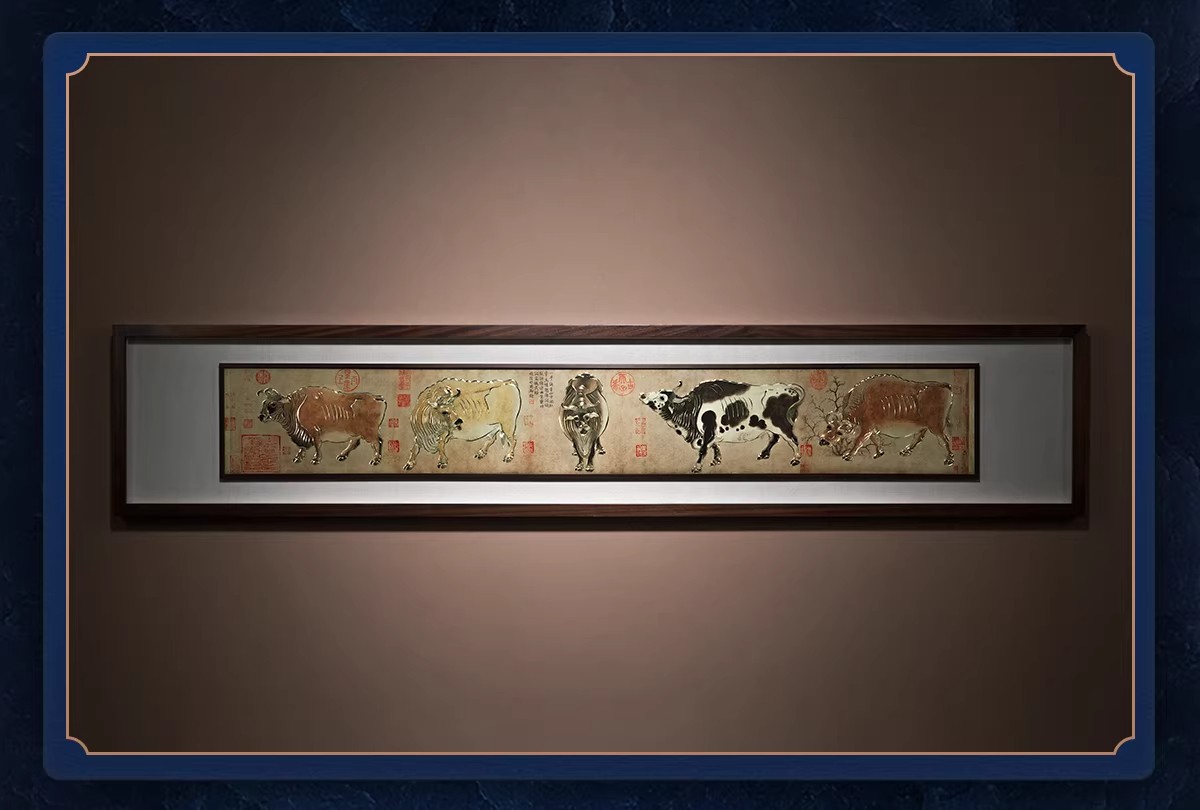 Handmade Bronze Sculpture Painting Five Oxen Chinese Style Decorative Wall Art