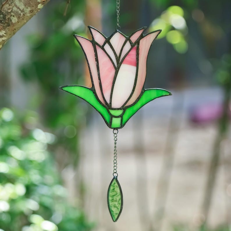 Unmarked Stained Glass Pink & Green Flower Suncatcher, Ready To Hang