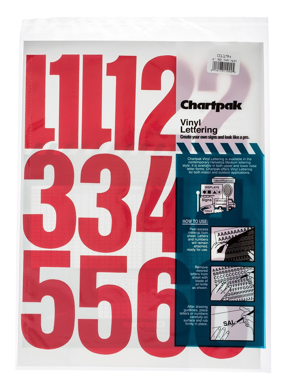 CHARTPAK Self-Adhesive Vinyl Numbers, 4 Inches High, Red, 23 per Pack (01194)
