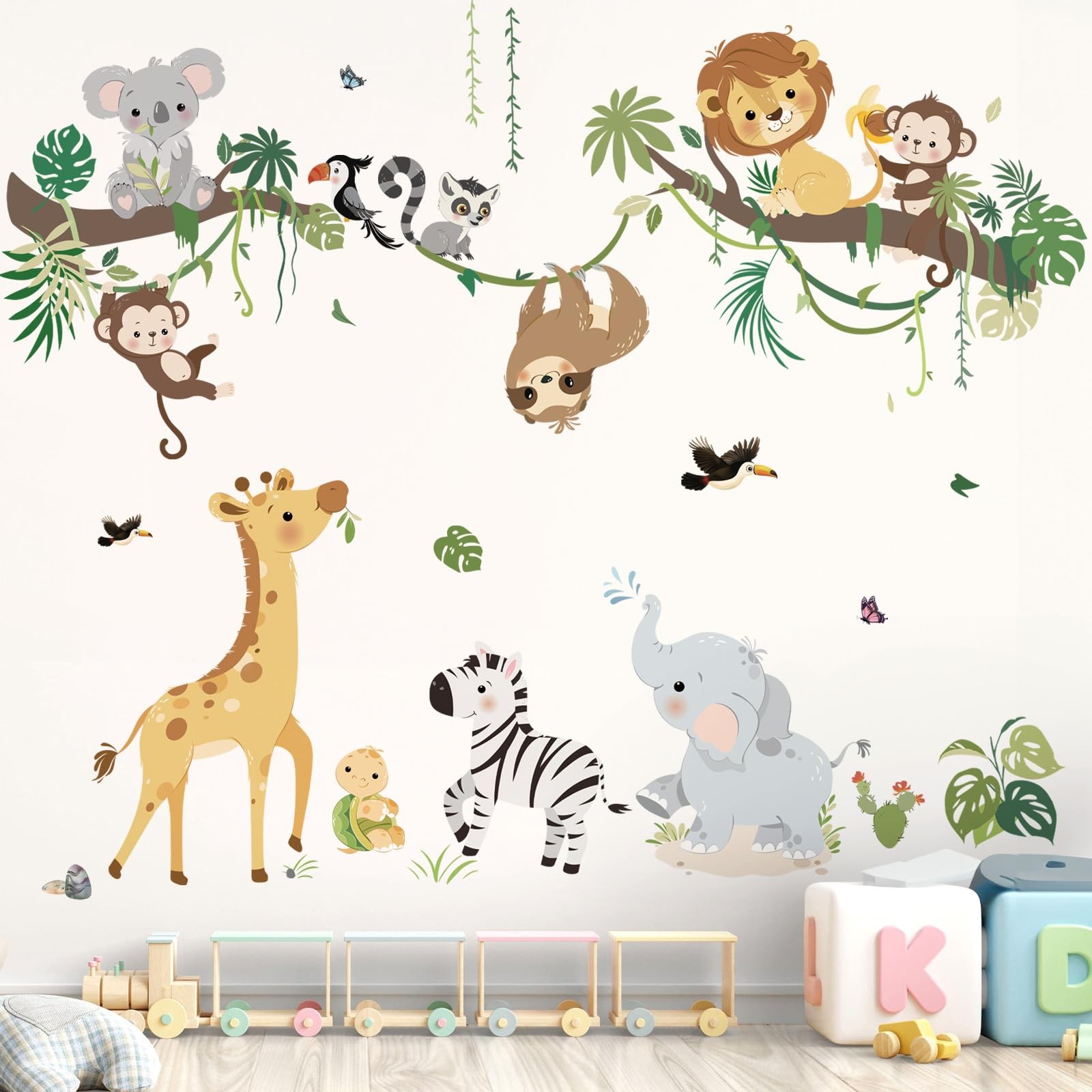 Jungle Animals Tree Branch Wall Decals Safari Monkey Giraffe Lion Wall Sticke…