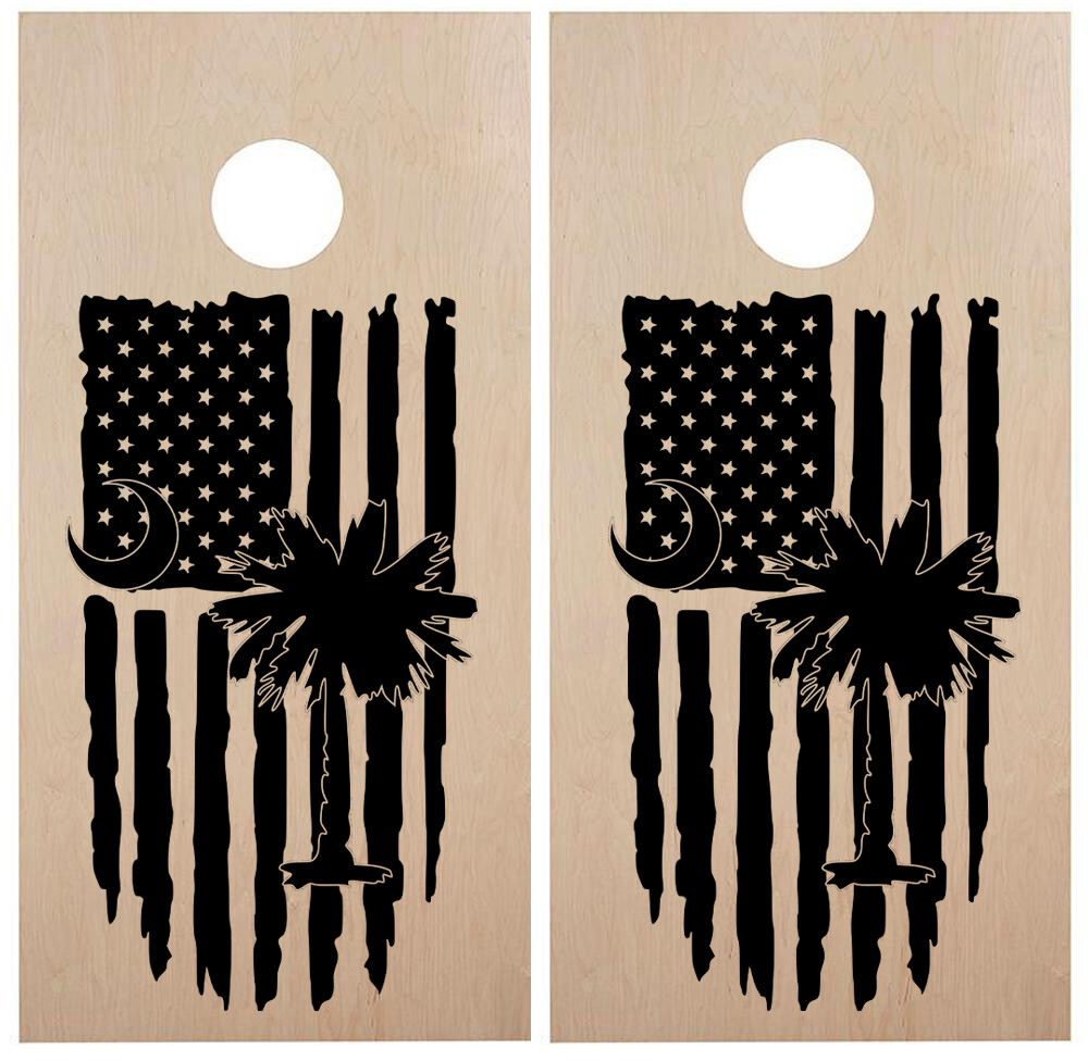Palmetto Tree Crescent Moon with Distressed American Flag Cornhole Vinyl Decals