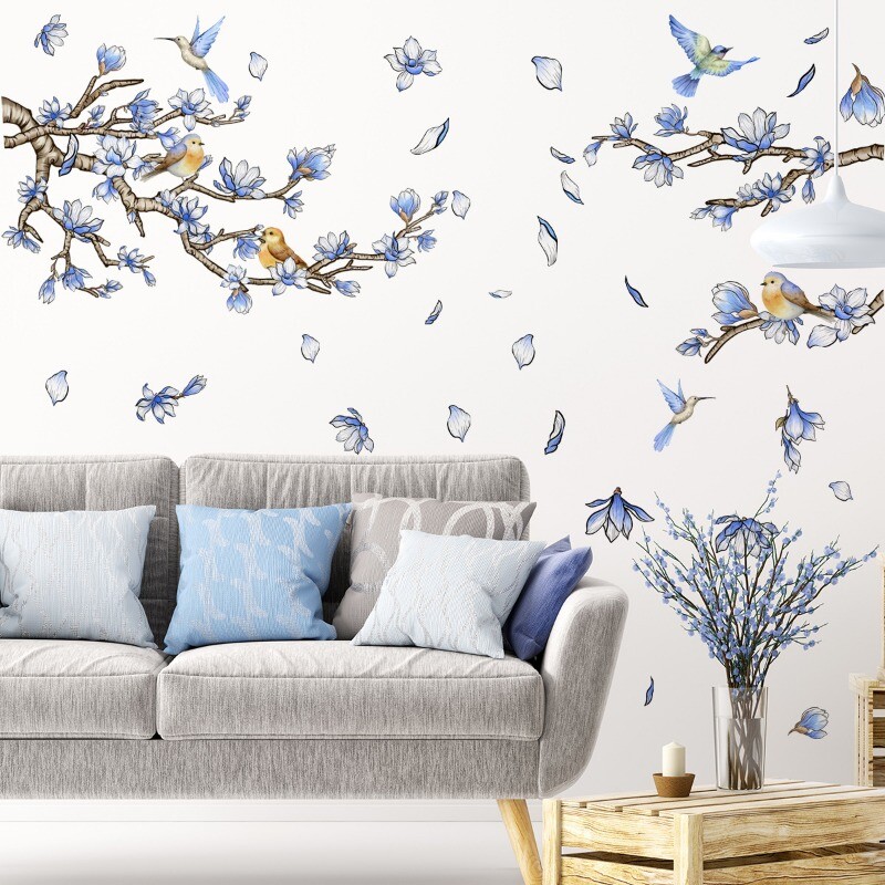 Wall Stickers Clings Decals Bird Tree Floral Home Decor PVC Blue Living Room