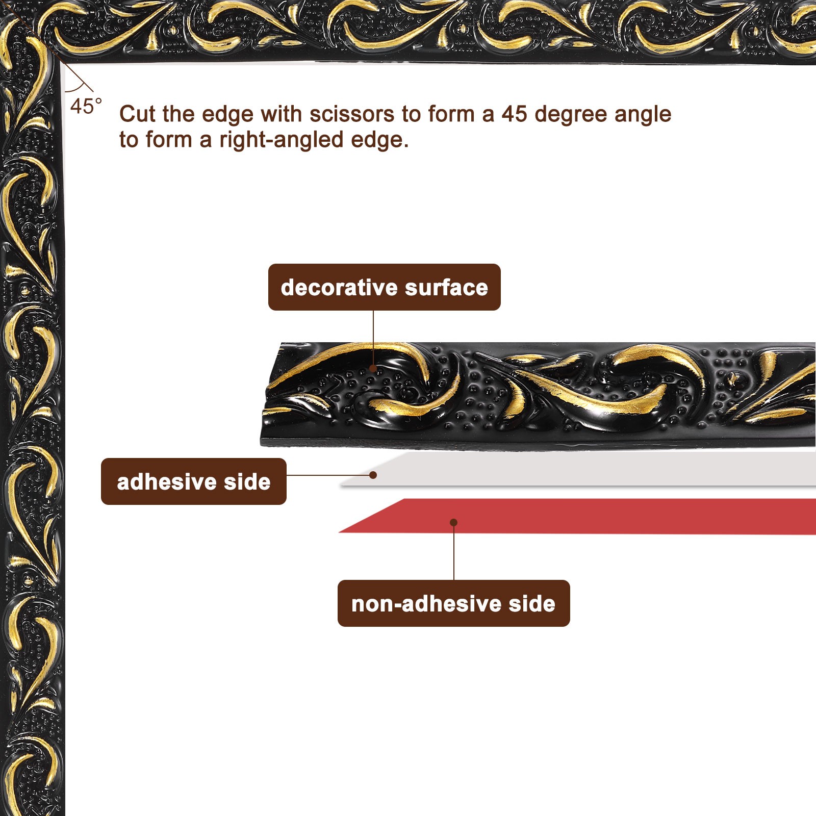 Flexible Wall Trim Molding 16.4Ft x 0.79Inch Adhesive Wave Black Gold