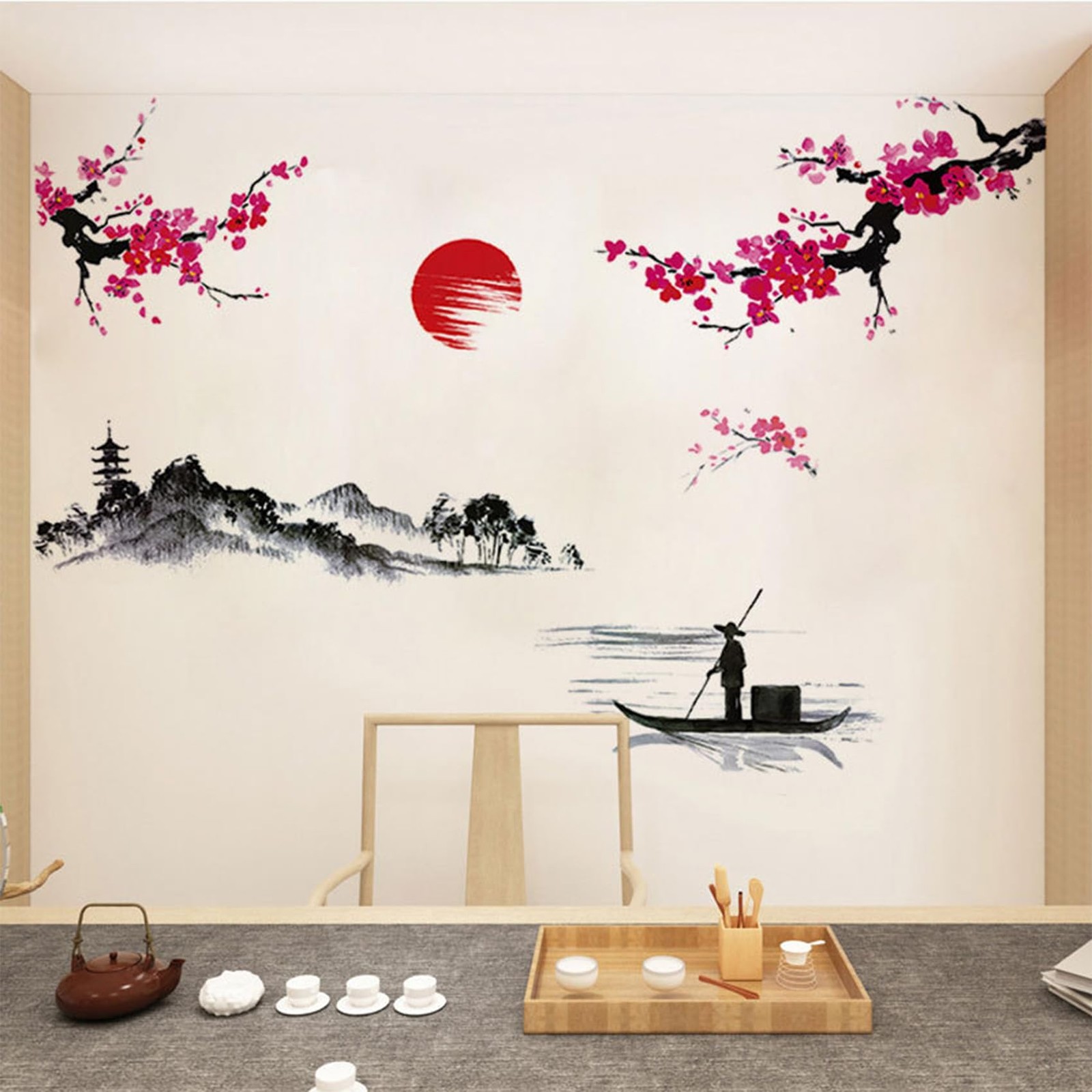 Large Japanese Wall Decor Stickers, Red Cherry Blossom Tree Wall Murals Mount…