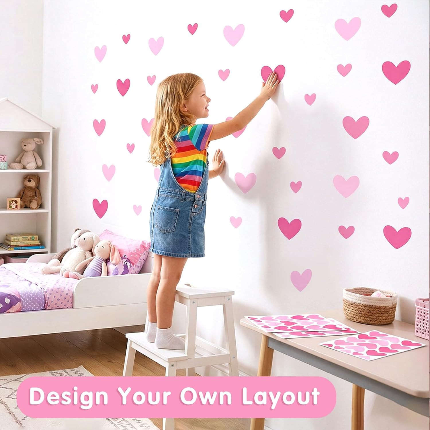 170 Pcs Heart Wall Decals – Peel and Stick Pink Decor for Girl Bedroom, Nursery,