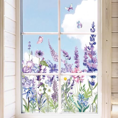 69Pcs Spring Summer Lavender Window Clings Blooming Lavender Butterfly Window