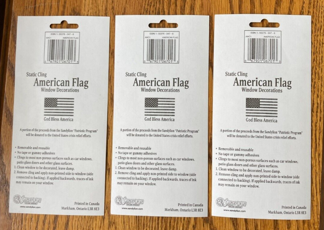 American Flag Window Static Clings Lot of 3 SANDYLION New 4" x 6"