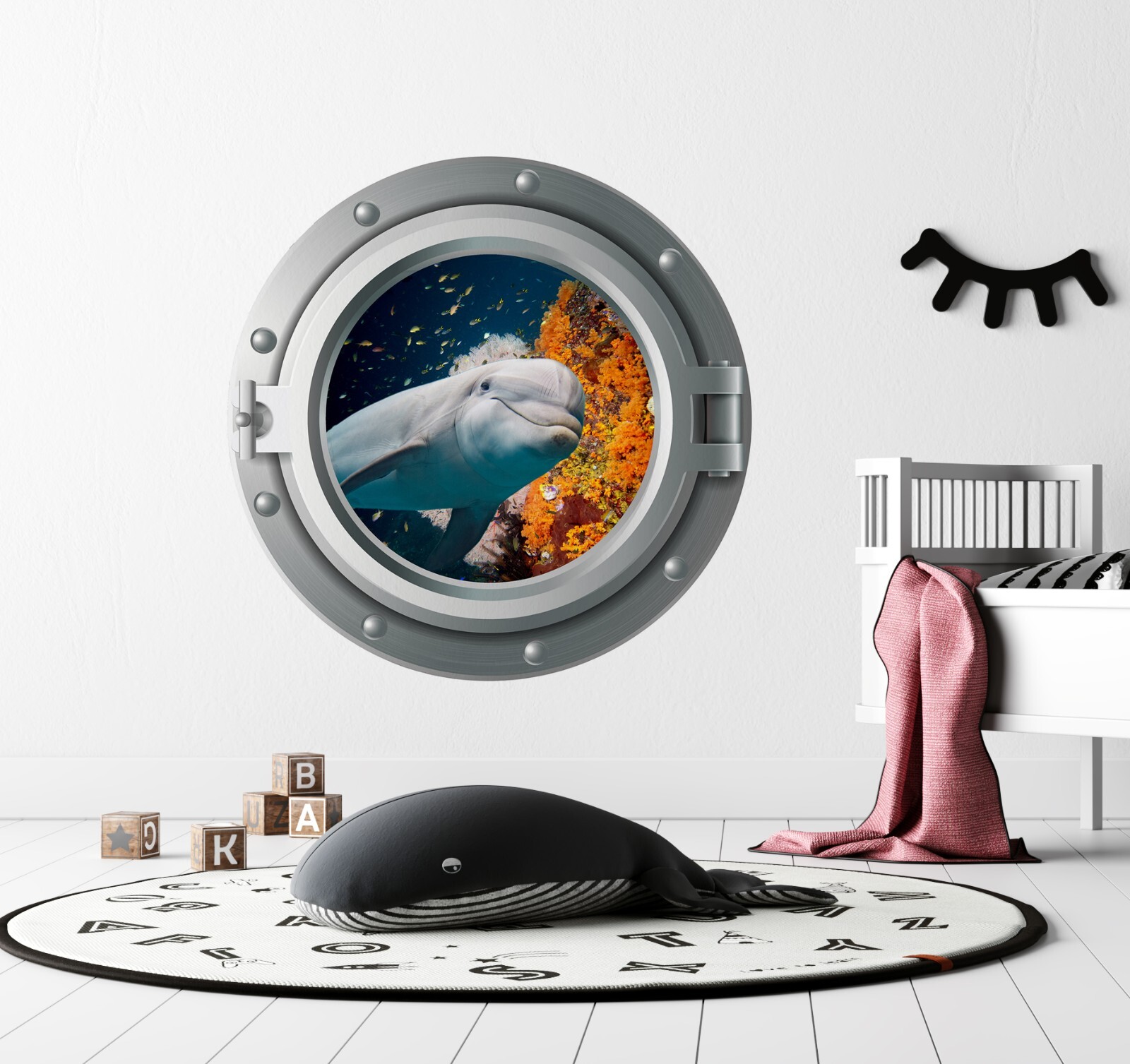 PortScape Sea Dolphin Ocean Porthole 3D Window Wall Decal Peel & Stick Sticker