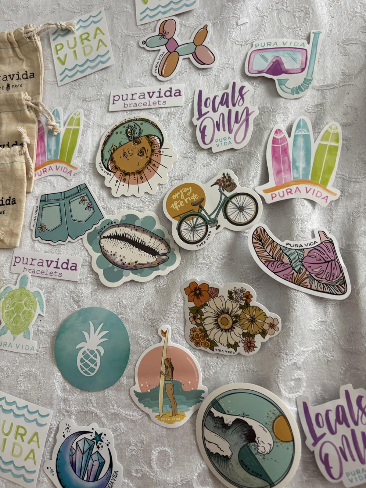 Pura Vida Sticker Lot Of 20 Logo Beach Island Themed and 9 bags and box