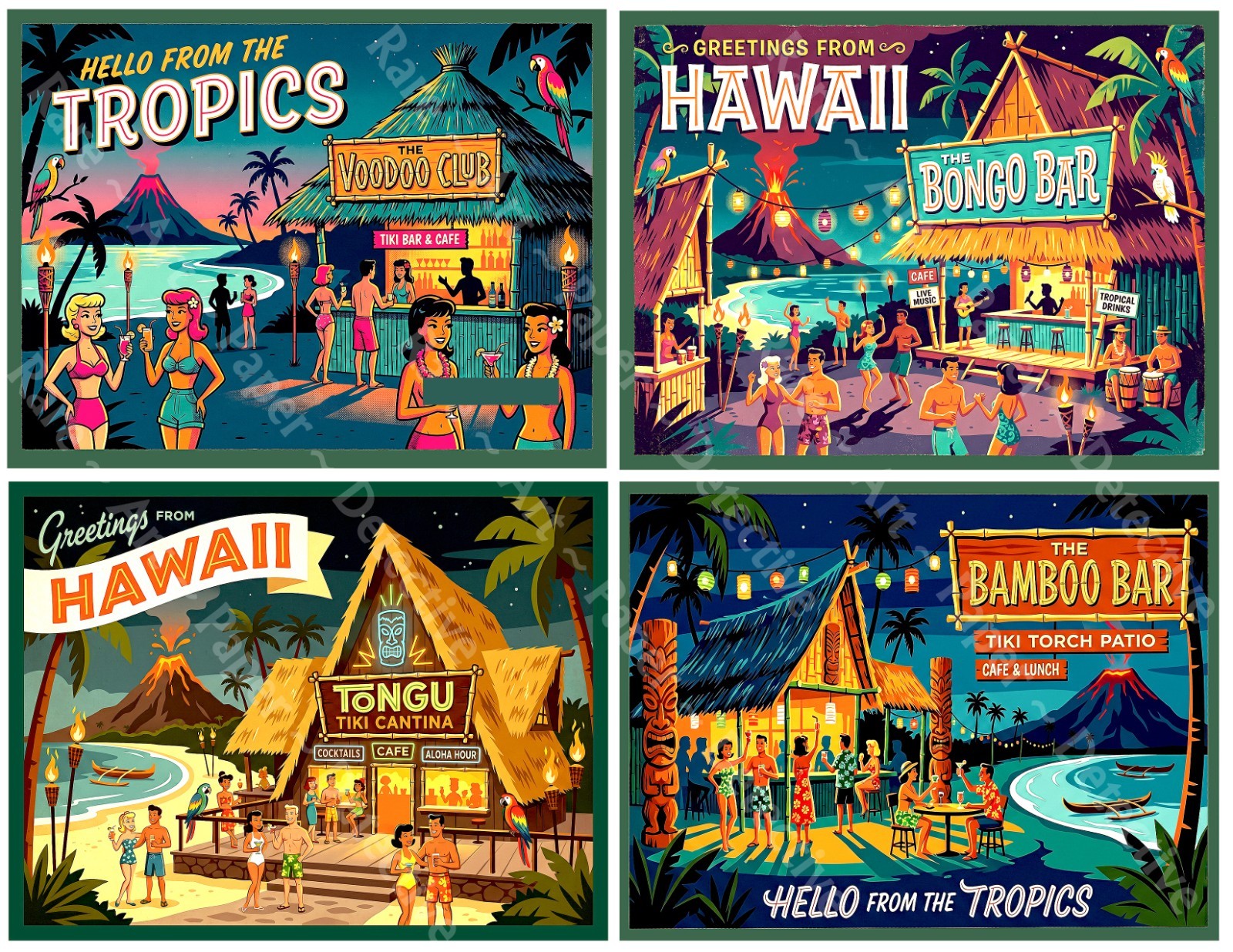 Hawaii Tropical Tiki Bar Stickers, Mid-Century Modern, 16 Big Labels on 4 Sheets