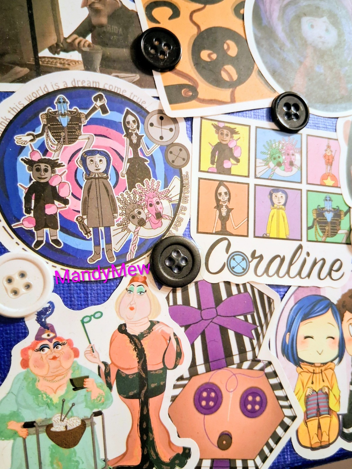 MandyMew Coraline Vinyl Sticker Collage Art, Multicolor & real buttons, 8×10 in