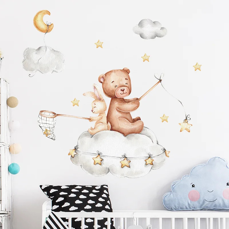 Cute Bear Star Cloud Wall Stickers for Kids Rooms Girls Boys Baby Room Bedroom