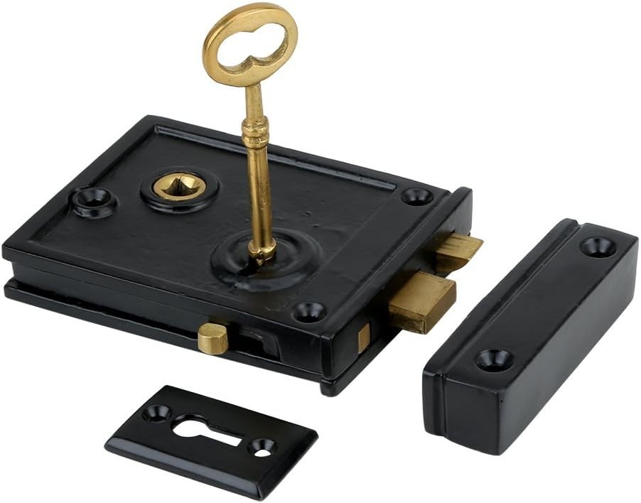 Heavy Duty Cast Iron Horizontal Rim Lock, Black Powder-Coated Finish