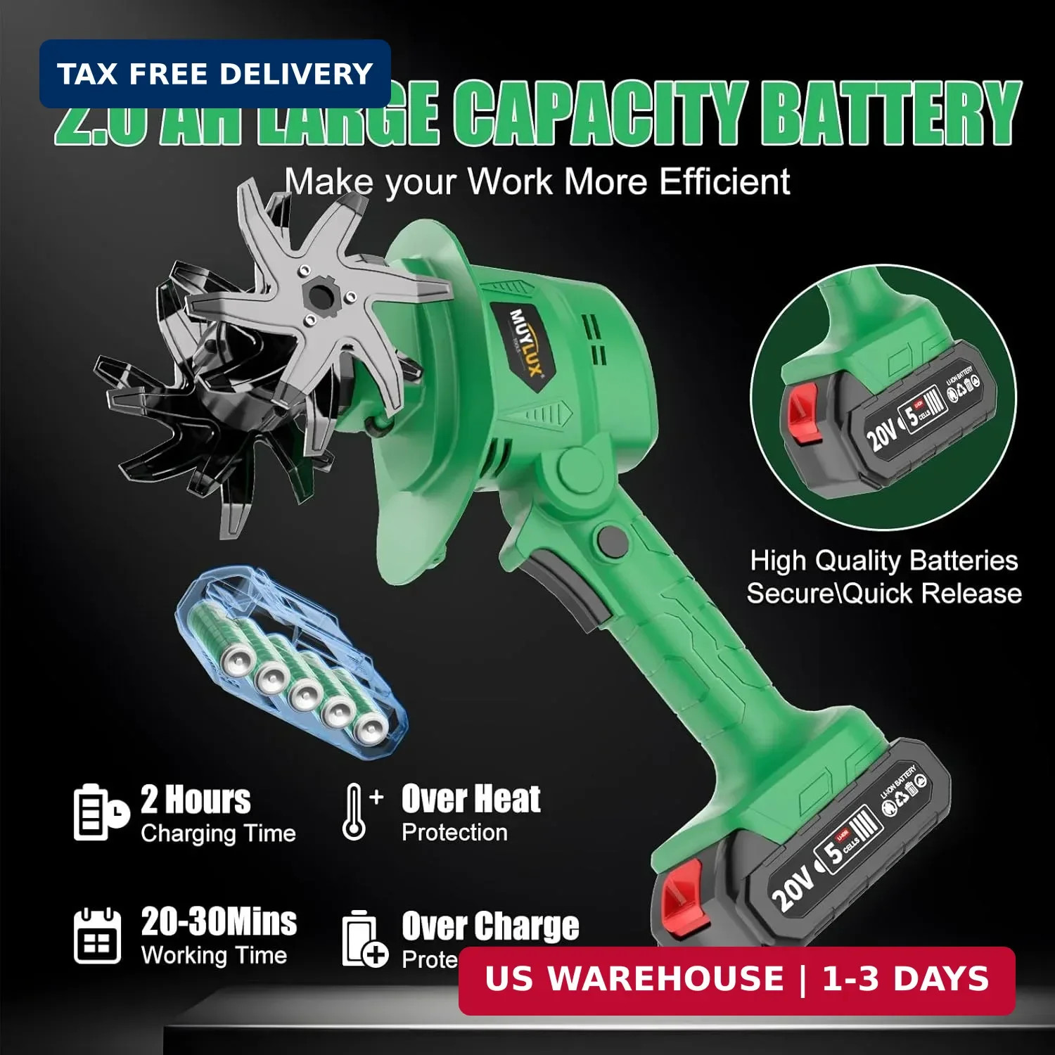 20V Cordless Tiller Cultivator 2x 2.0Ah Batteries Electric Garden Rototiller Kit