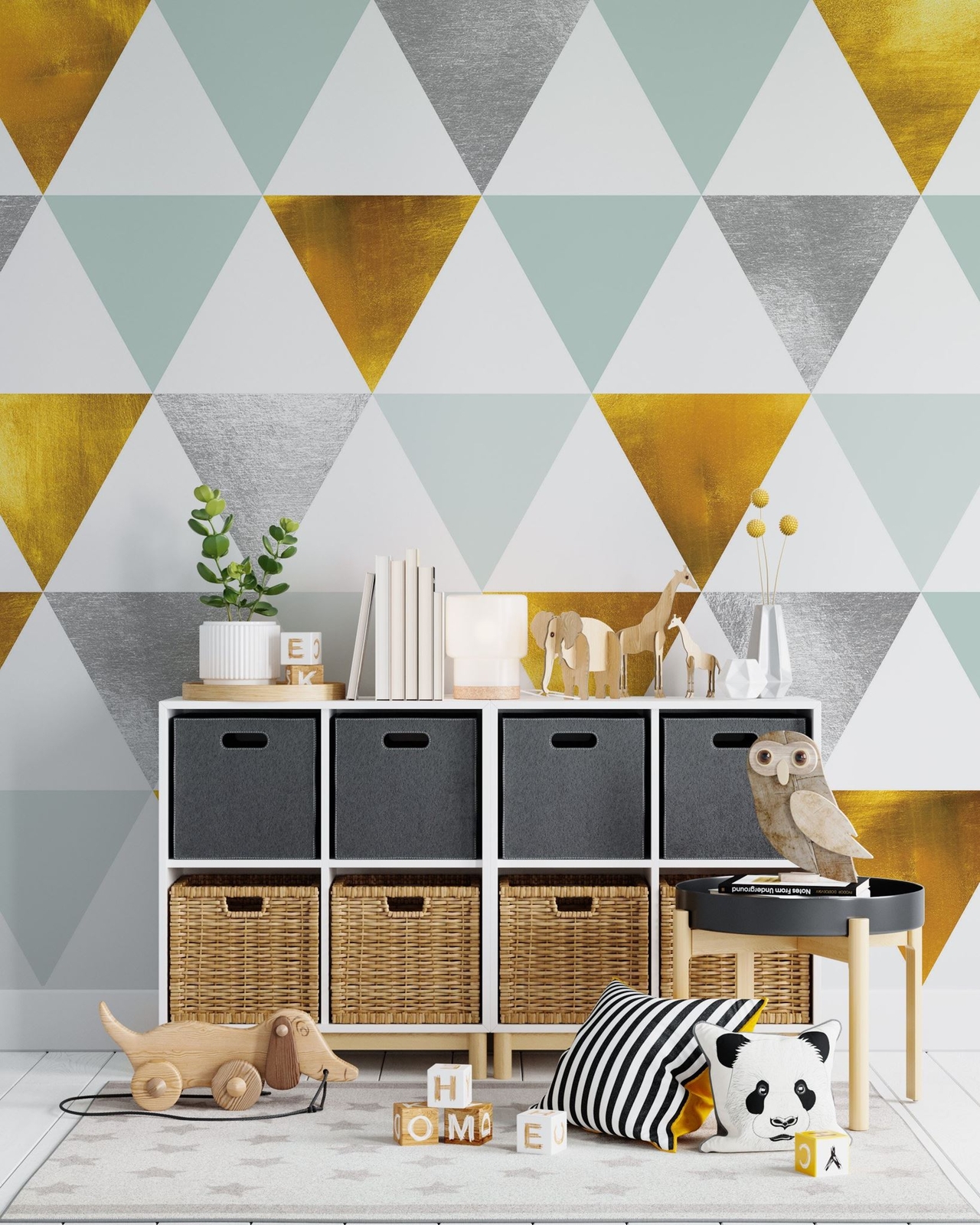 Triangle Geometric Abstract Pattern Wall Mural. Gold, Silver, Teal, Turquoise an
